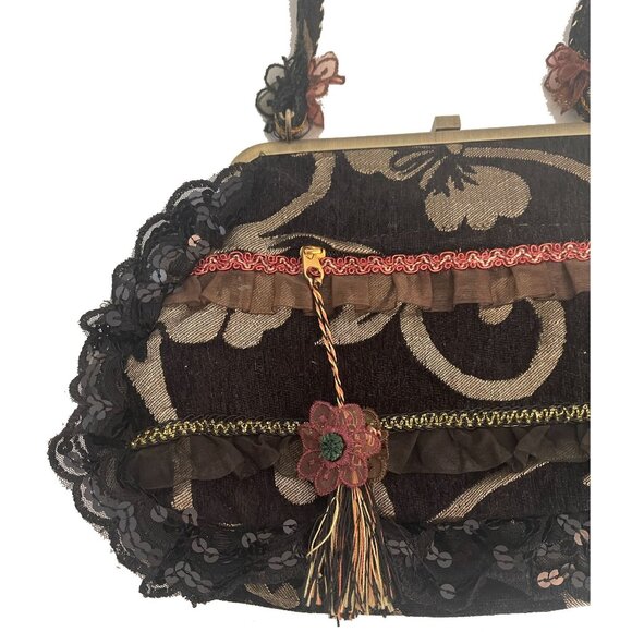 Vintage Three Flower Lace Tapestry Ribbon Metal Frame Brass Handbag Purse - Picture 3 of 9